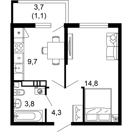 Планировка 1-комн 33,7 м²