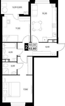Планировка 2-комн 62,6, 63,1 м²