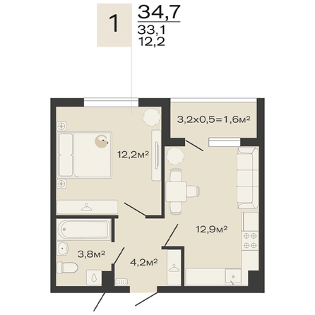 Планировка 1-комн 34,7 м²