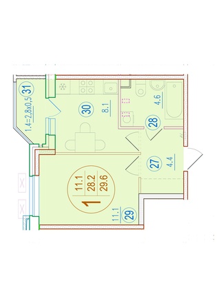 Планировка 1-комн 29,6 м²