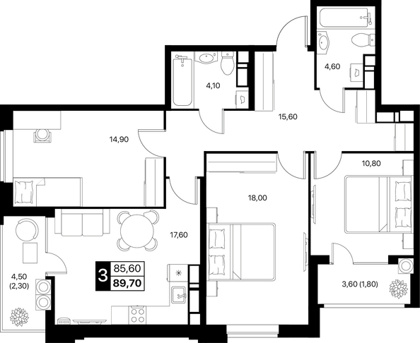 Планировка 3-комн 89,7 м²
