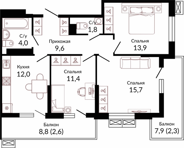 Планировка 3-комн 73,3 м²