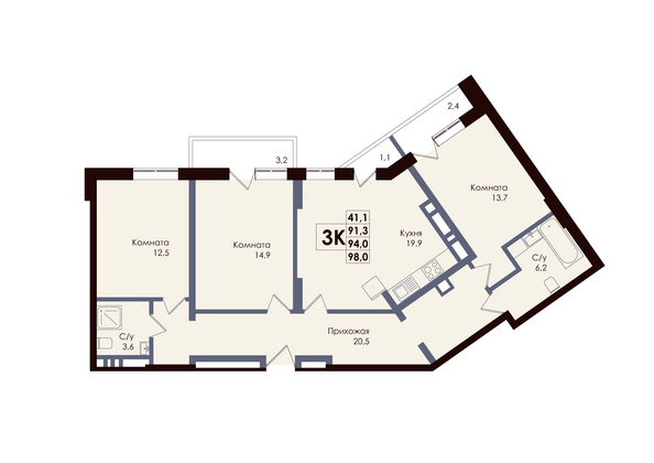 Планировка 3-комн 94 м²