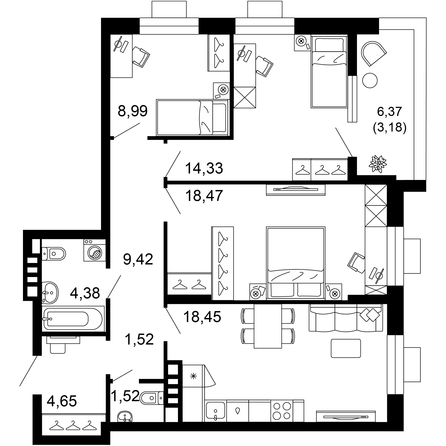 Планировка 3-комн 83,38 м²