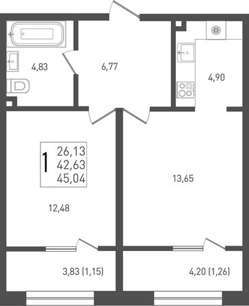 Планировка 1-комн 45,04 м²