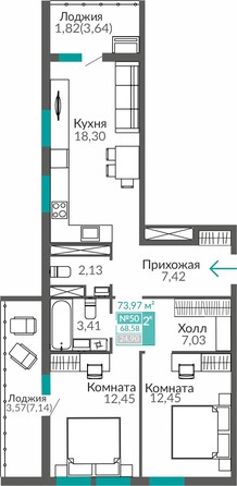 Планировка 2-комн 68,58 м²