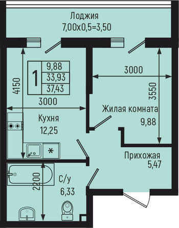 Планировка 1-комн 37,43 м²