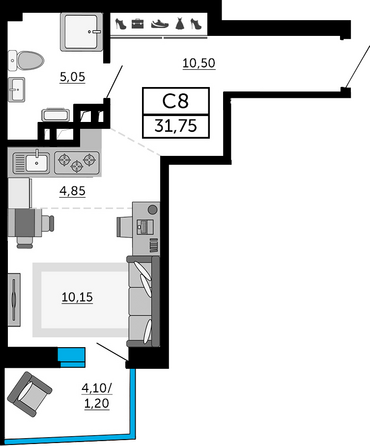 Планировка Студия 31,4, 31,75 м²