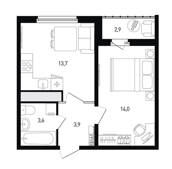 Планировка 1-комн 36,7, 37 м²