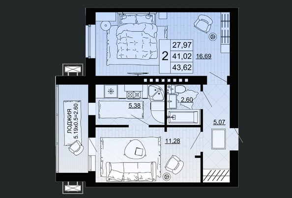 Планировка 2-комн 43,62 м²
