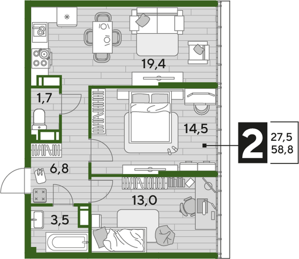 Планировка 2-комн 58,8 м²