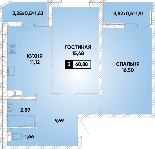 Планировка 2-комн 60,88 м²