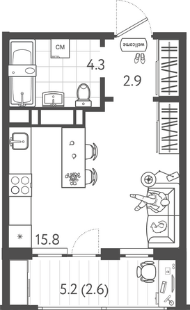 Планировка 1-комн 25,6 м²