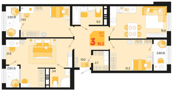 Планировка 3-комн 91,2, 92,8 м²