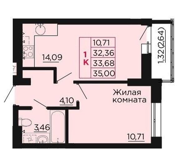 Планировка 1-комн 33,68 м²