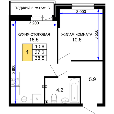 Планировка 1-комн 38,5 м²