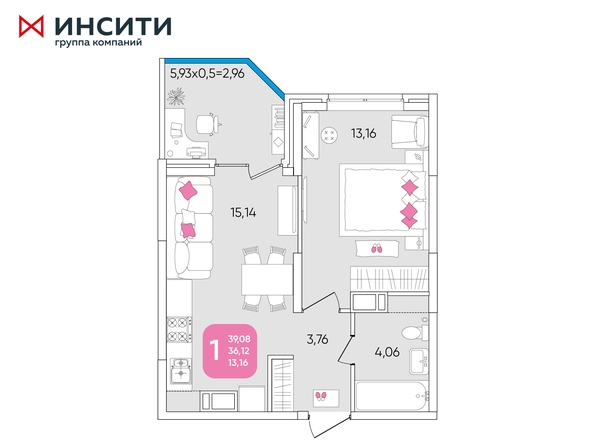 Планировка 1-комн 39,08 - 39,7 м²