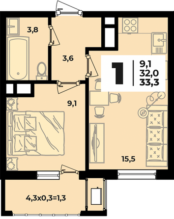 Планировка 1-комн 33,3 м²