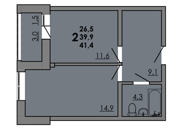 Планировка 2-комн 41,4 м²