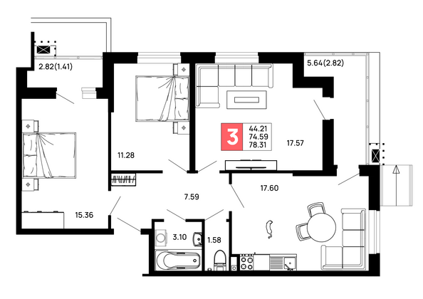 Планировка 3-комн 78,31 м²