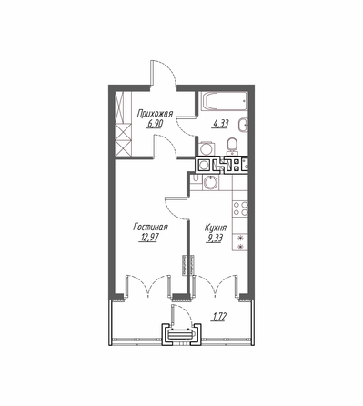 Планировка 1-комн 35,43 м²