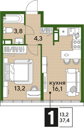 Планировка 1-комн 37,4 м²