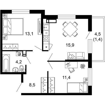 Планировка 2-комн 54,5 м²