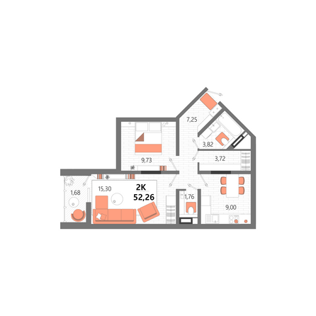 Планировка 2-комн 52,26 м²
