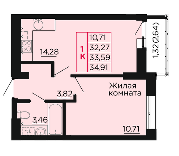 Планировка 1-комн 33,59 м²