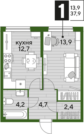 Планировка 1-комн 37,9 м²