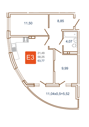 Планировка 2-комн 63,77 м²