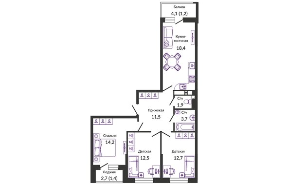 Планировка 3-комн 77,5 м²