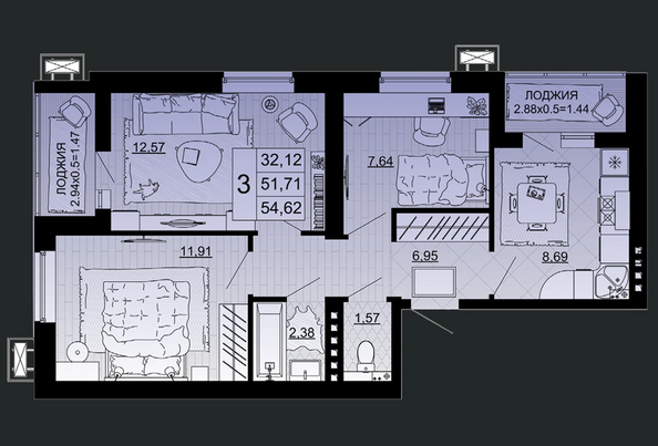 Планировка 3-комн 54,62 м²