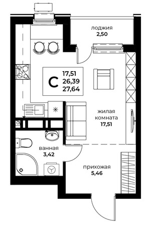 Планировка Студия 27,64 м²