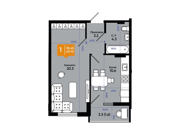 Планировка 1-комн 40,1, 40,3 м²