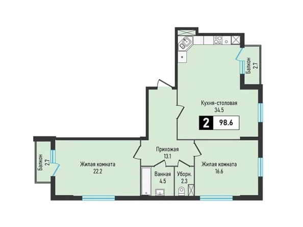 Планировка 2-комн 98,5, 98,6 м²