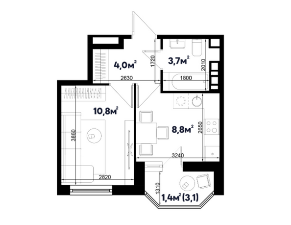 Планировка 1-комн 28,7 м²