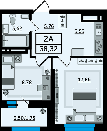 Планировка 2-комн 38,32 м²