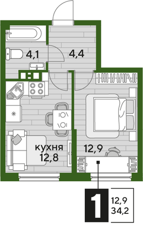 Планировка 1-комн 34,2 м²