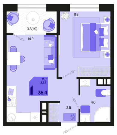 Планировка 1-комн 35,4 м²