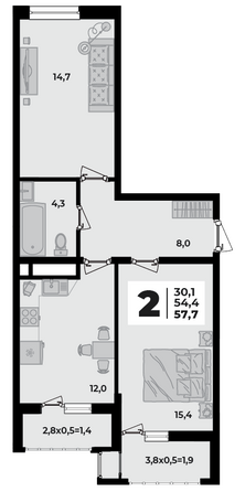 Планировка 2-комн 57,7 м²