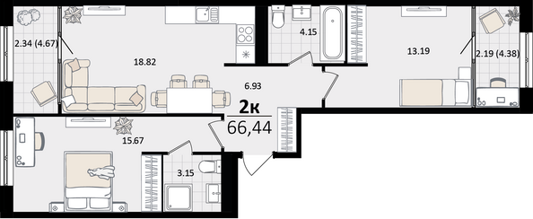 Планировка 2-комн 66,44 м²