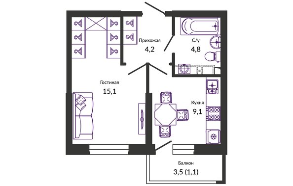 Планировка 1-комн 34,3 м²