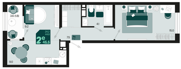 Планировка 2-комн 46,6 - 48,4 м²