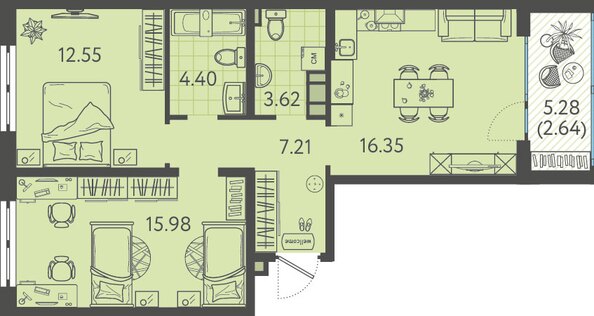 Планировка 2-комн 62 - 62,3 м²