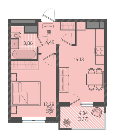 Планировка 1-комн 36,3 - 37,2 м²