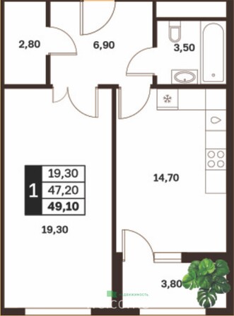 Планировка 1-комн 49,1 м²