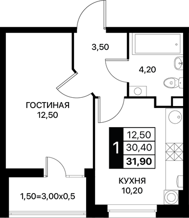 Планировка 1-комн 31,9 м²