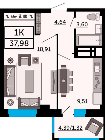 Планировка 1-комн 37,98 м²