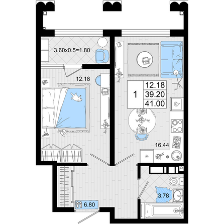 Планировка 1-комн 41 м²